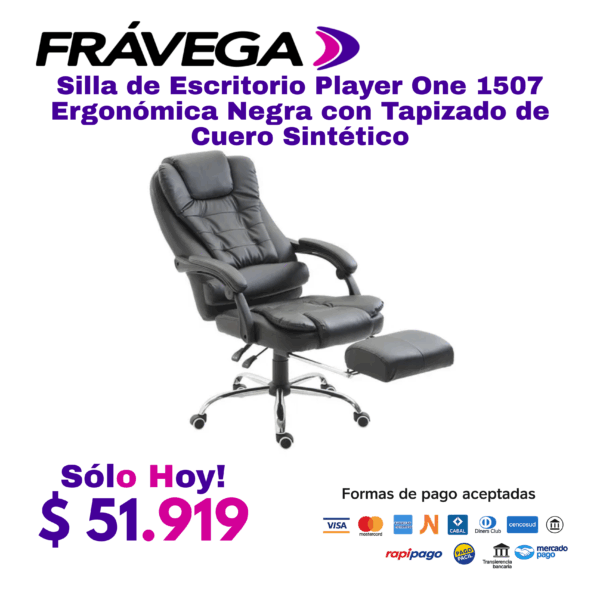 Silla de Escritorio Player One 1507 Ergonómica Negra con Tapizado de Cuero Sintético